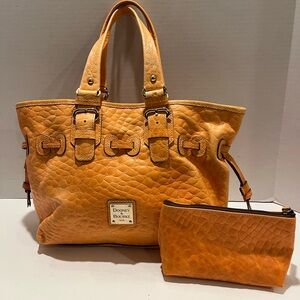 Dooney & Bourke Embossed Leather Drawstring Shoulder Handbag Tote Orange
